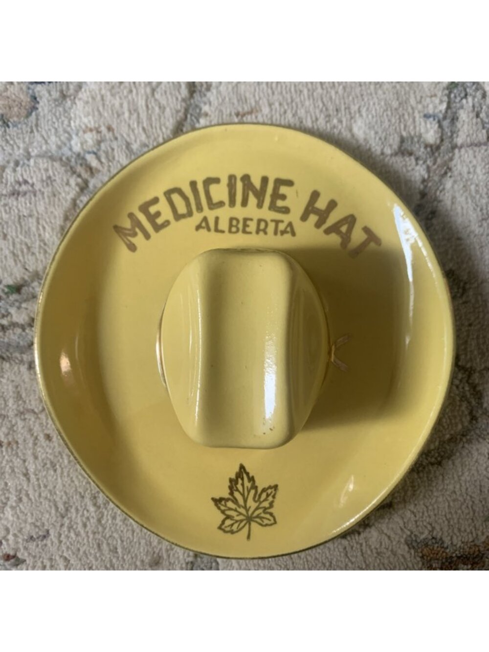 Medicine Hat Alberta Yellow Cowboy Hycroft 22k Gold Ceramic Vintage Souvenir